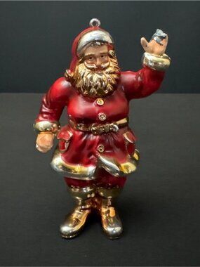 Vintage Santa Claus Christmas Ornament Red Gold Toned Glossy Belt Waving Hand